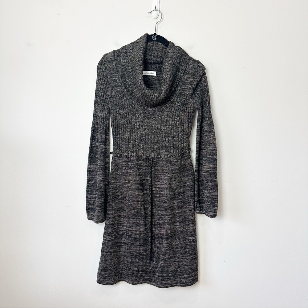 Calvin Klein Sweater Dress Heathered Cowl Neck Black Brown